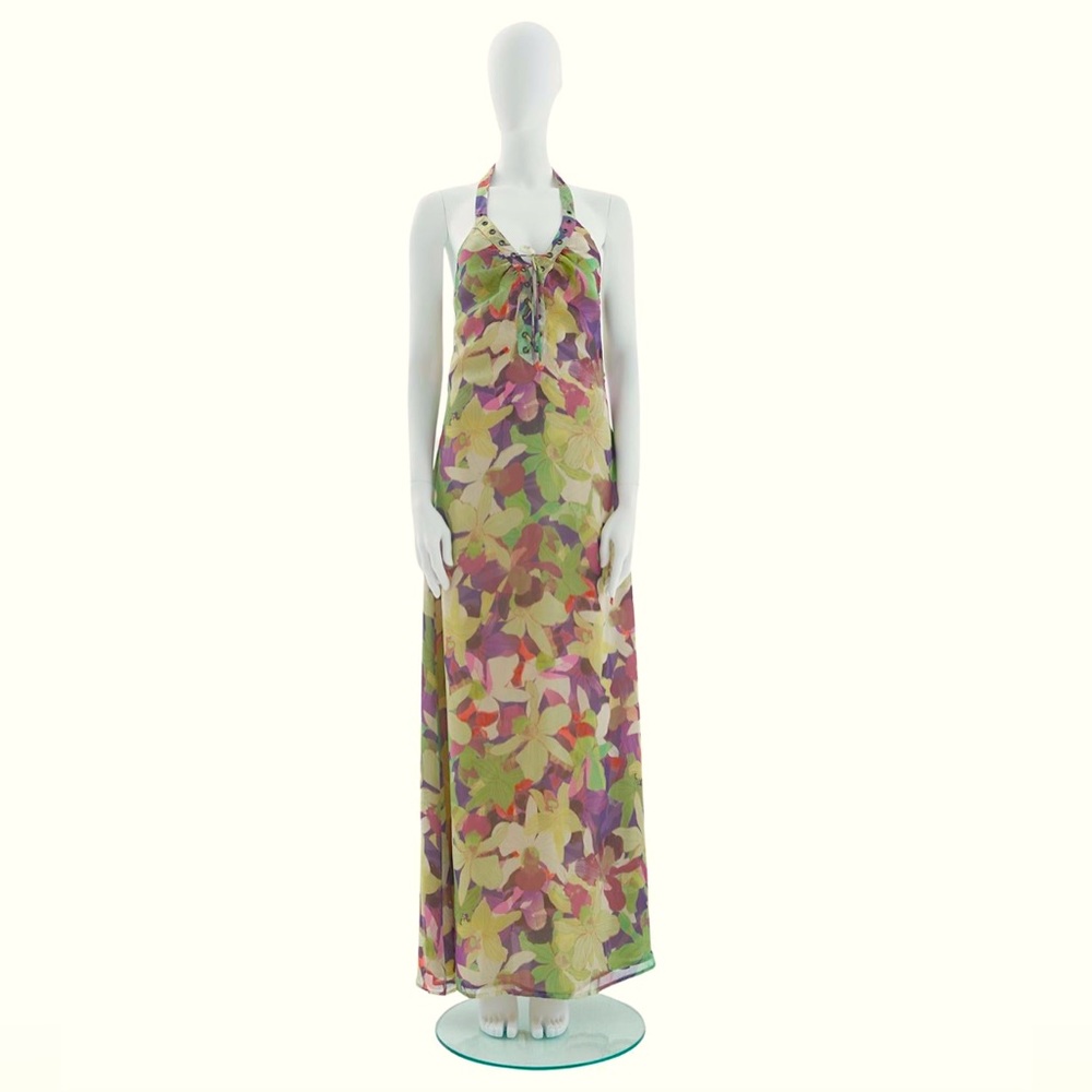 NWT Valentino Early 2000s Floral Silk Chiffon Halter Evening Dress - Size 40